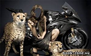 Шаблон для фото - Девушка с 2 гепардами на фоне мотоцикла