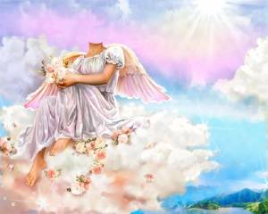 Шаблон для Photoshop - Ангел сидя на облаке с цветочками
